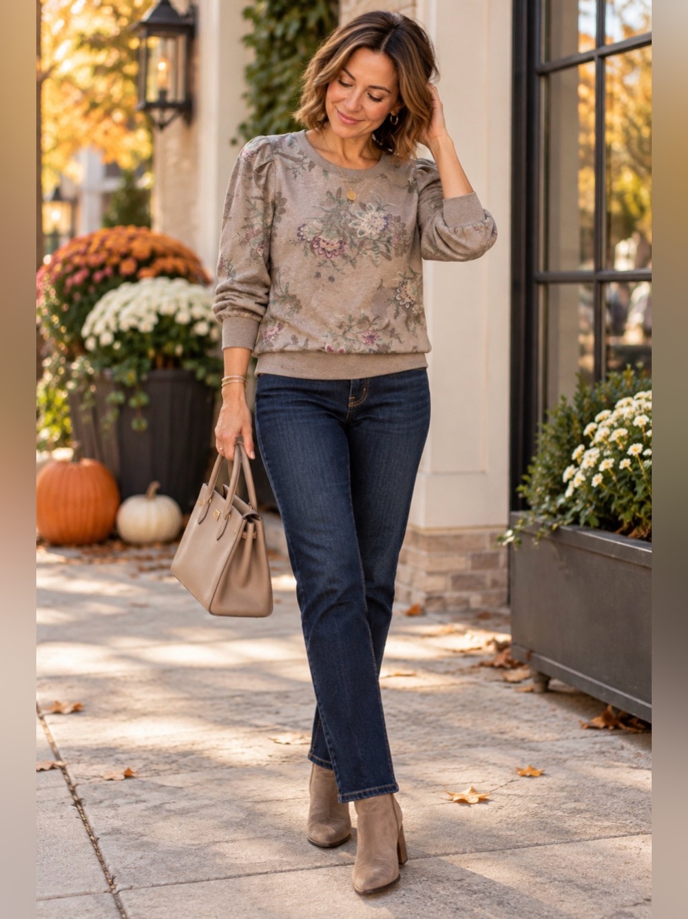 Wit & Wisdom Taupe Floral Puff-Sleeve Crewneck